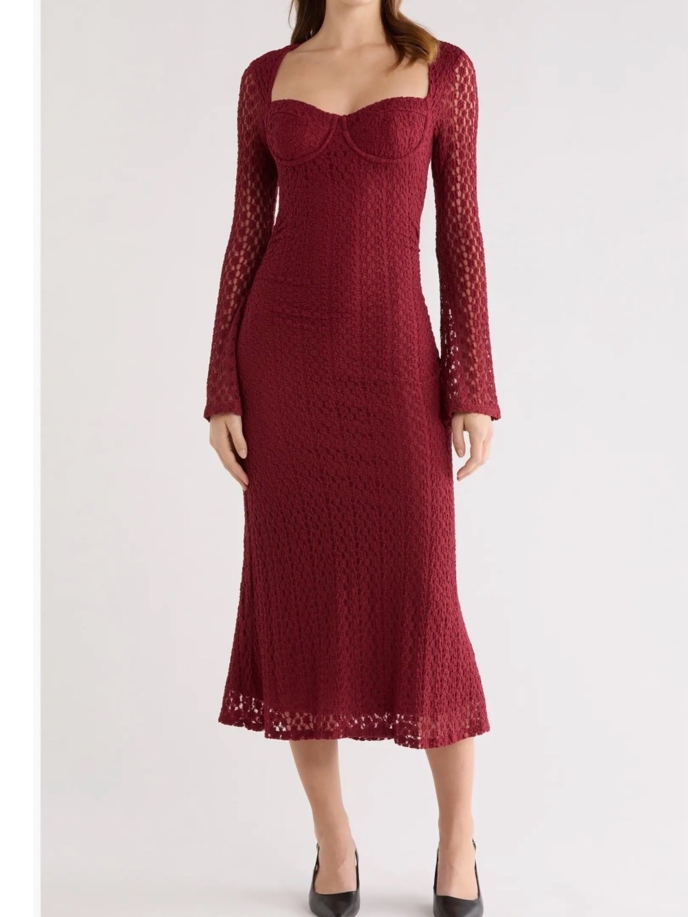 ASTR Women’s Burgundy Lace Midi Dress with Sweetheart Neckline - Picture 5 of 5